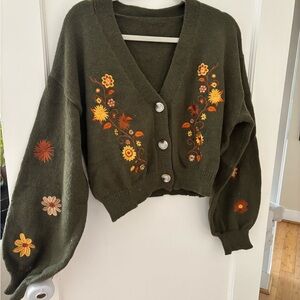Amazon Green Cardigan Sweater with Floral Embroidery